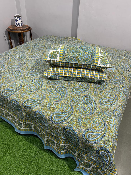 ArtbyKAMASK 100% Organic Cotton Hand Block Printed Double Bed Sheet - 210 TC Double Bed Sheet in King Size - Size - 108 X 108 Inches 274 x 274 cms) - 1 Bedsheet and 2 Pillow Covers - Gaamini Green + 2 Variants