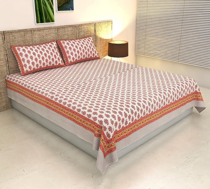 ArtbyKAMASK 100% Organic Cotton Hand Block Printed Double Bed Sheet - 210 TC Double Bed Sheet in Queen Size - Size - 90 X 108 Inches (228 x 274 cms) - 1 Bedsheet and 2 Pillow Covers - Garima Orange + 2 Variants