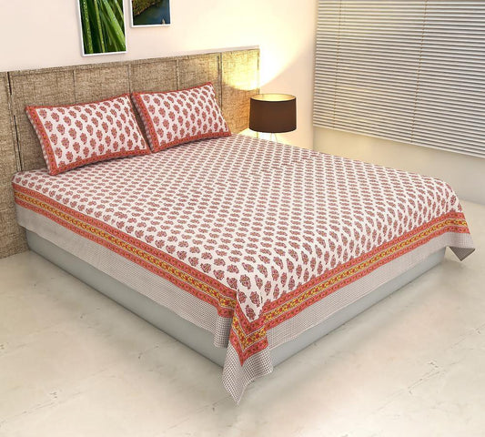 ArtbyKAMASK 100% Organic Cotton Hand Block Printed Double Bed Sheet - 210 TC Double Bed Sheet in Queen Size - Size - 90 X 108 Inches (228 x 274 cms) - 1 Bedsheet and 2 Pillow Covers - Garima Orange + 2 Variants