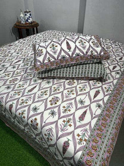 ArtbyKAMASK 100% Organic Cotton Hand Block Printed Double Bed Sheet - 210 TC Double Bed Sheet in King Size - Size - 90 X 108 Inches 228 x 274 cms) - 1 Bedsheet and 2 Pillow Covers - Gauri Yellow + 2 Variants