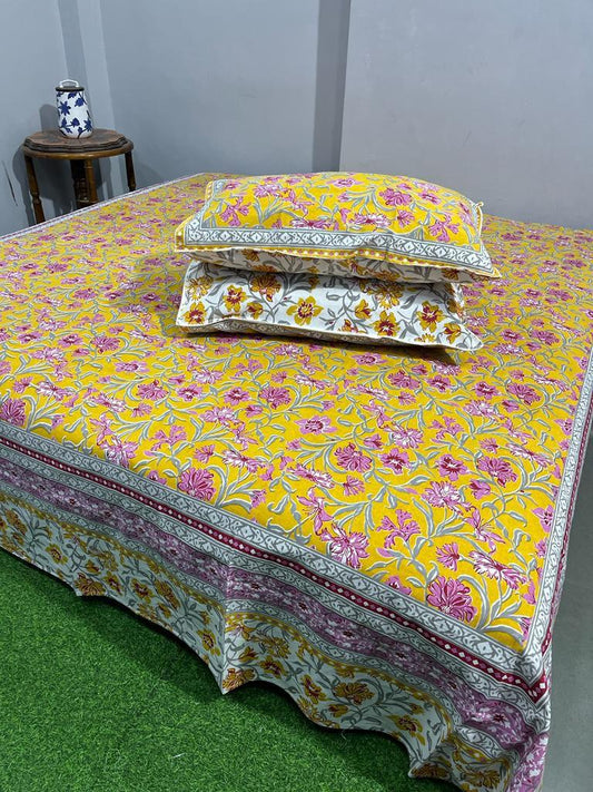ArtbyKAMASK 100% Organic Cotton Hand Block Printed Double Bed Sheet I 210 TC Double Bed Sheet in King Size I Size - 108 X 108 Inches 274 x 274 cms) I 1 Bedsheet and 2 Pillow Covers I Geetanjali Yellow + 2 Variants