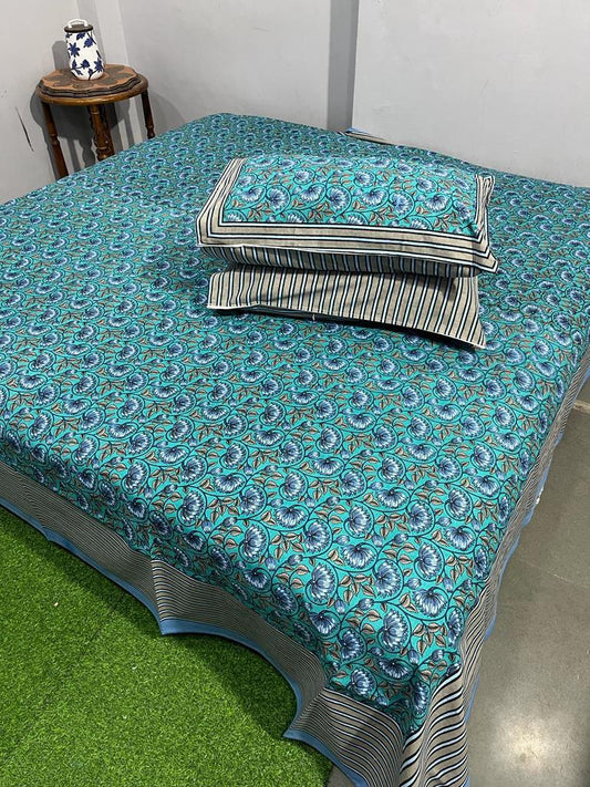 ArtbyKAMASK 100% Organic Cotton Hand Block Printed Double Bed Sheet - 210 TC Double Bed Sheet in King Size - Size - 108 X 108 Inches 274 x 274 cms) - 1 Bedsheet and 2 Pillow Covers - Gita Blue + 2 Variants