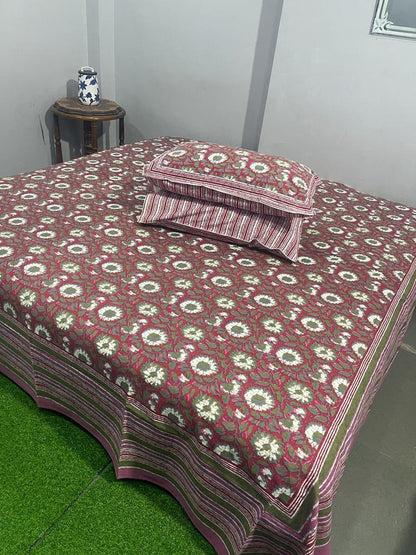 ArtbyKAMASK 100% Organic Cotton Hand Block Printed Double Bed Sheet I 210 TC Double Bed Sheet in King Size I Size - 108 X 108 Inches 274 x 274 cms) I 1 Bedsheet and 2 Pillow Covers I Hema Black + 2 Variants