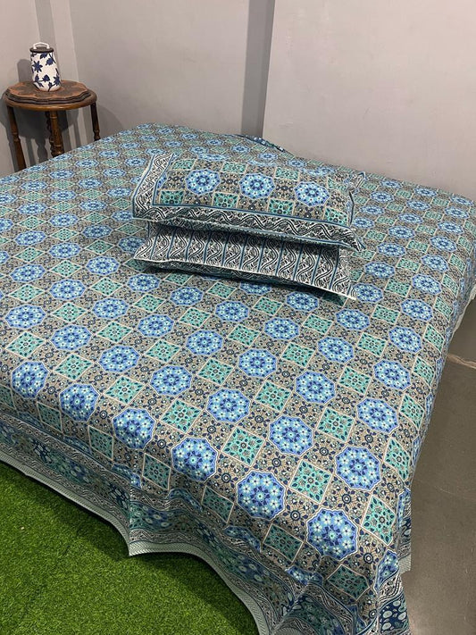 ArtbyKAMASK 100% Organic Cotton Hand Block Printed Double Bed Sheet I 210 TC Double Bed Sheet in King Size I Size - 108 X 108 Inches 274 x 274 cms) I 1 Bedsheet and 2 Pillow Covers I Hemangi Blue + 2 Variants