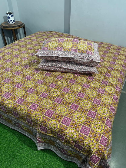 ArtbyKAMASK 100% Organic Cotton Hand Block Printed Double Bed Sheet I 210 TC Double Bed Sheet in King Size I Size - 108 X 108 Inches 274 x 274 cms) I 1 Bedsheet and 2 Pillow Covers I Hemangi Blue + 2 Variants