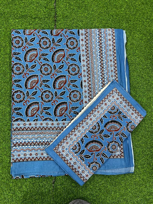 ArtbyKAMASK 100% Organic Cotton Hand Block Printed Double Bed Sheet - 210 TC Double Bed Sheet in Queen Size - Size - 90 X 108 Inches (228 x 274 cms) - 1 Bedsheet and 2 Pillow Covers - Hirani Grey & Blue