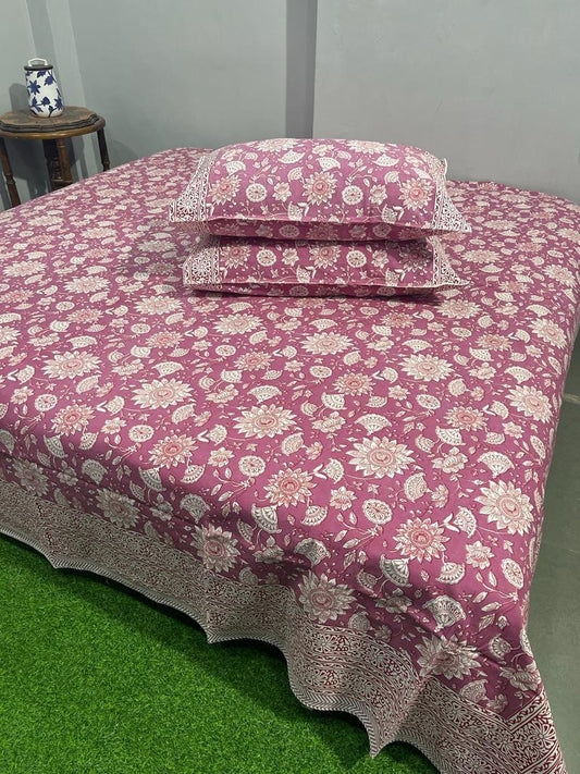 ArtbyKAMASK 100% Organic Cotton Hand Block Printed Double Bed Sheet - 210 TC Double Bed Sheet in King Size - Size - 108 X 108 Inches 274 x 274 cms) - 1 Bedsheet and 2 Pillow Covers - Ishani Pink and Teal