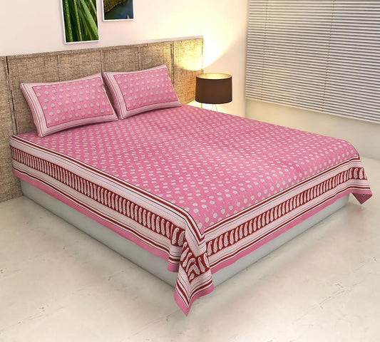 ArtbyKAMASK 100% Organic Cotton Hand Block Printed Double Bed Sheet - 210 TC Double Bed Sheet in Queen Size - Size - 90 X 108 Inches (228 x 274 cms) - 1 Bedsheet and 2 Pillow Covers - Jagruti Pink + 2 Variants