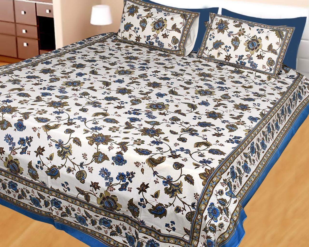 ArtbyKAMASK 100% Organic Cotton Hand Block Printed Double Bed Sheet - 210 TC Double Bed Sheet in Queen Size - Size - 90 X 108 Inches (228 x 274 cms) - 1 Bedsheet and 2 Pillow Covers - Jaya Blue & 2 Varinats