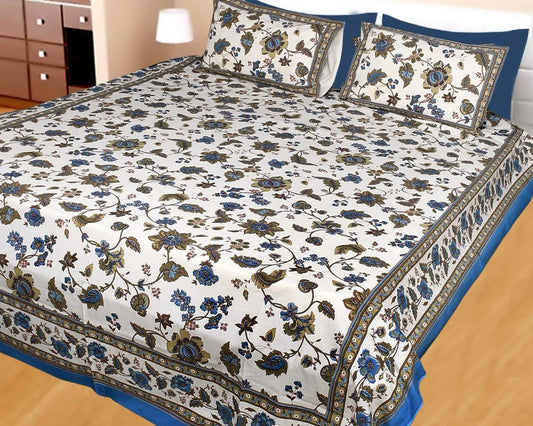 ArtbyKAMASK 100% Organic Cotton Hand Block Printed Double Bed Sheet - 210 TC Double Bed Sheet in Queen Size - Size - 90 X 108 Inches (228 x 274 cms) - 1 Bedsheet and 2 Pillow Covers - Jaya Blue & 2 Varinats