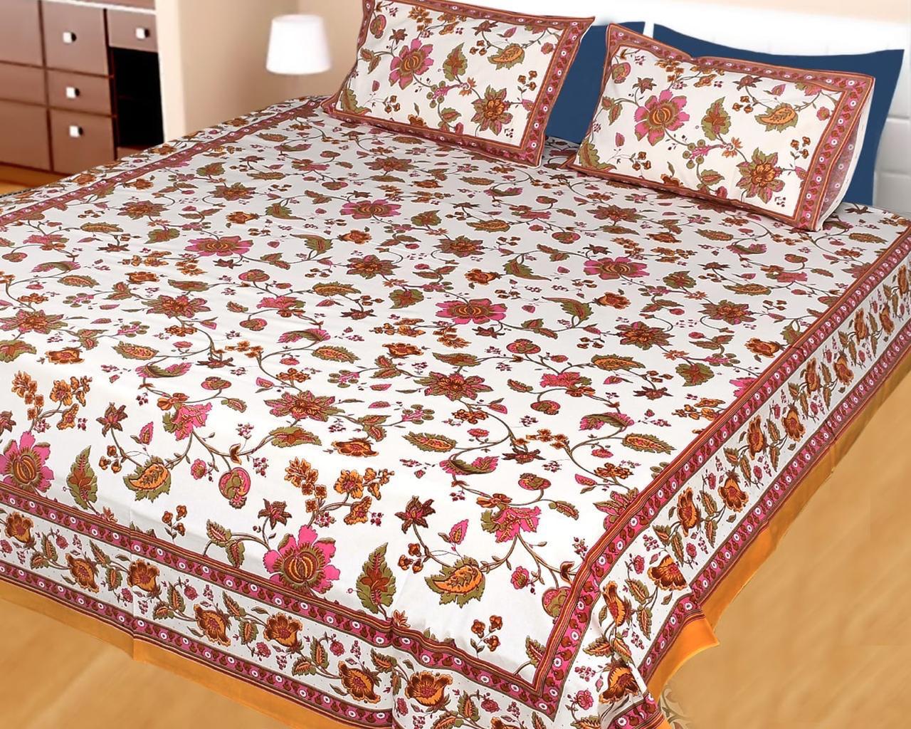 ArtbyKAMASK 100% Organic Cotton Hand Block Printed Double Bed Sheet - 210 TC Double Bed Sheet in Queen Size - Size - 90 X 108 Inches (228 x 274 cms) - 1 Bedsheet and 2 Pillow Covers - Jaya Blue & 2 Varinats