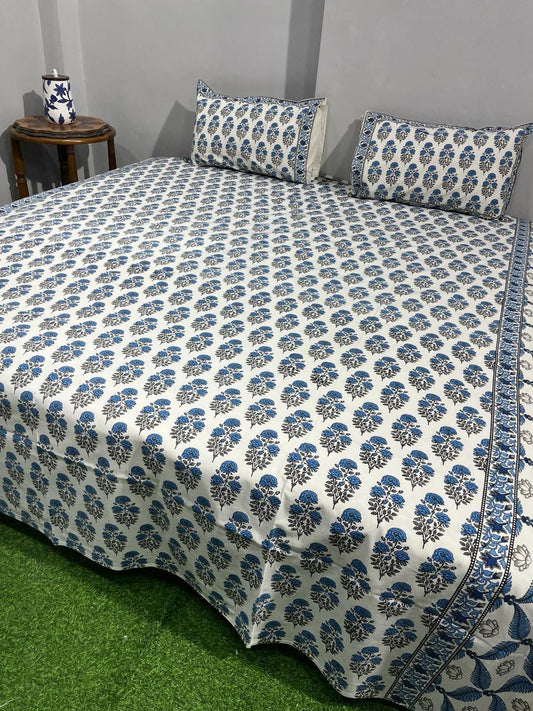 ArtbyKAMASK 100% Organic Cotton Hand Block Printed Double Bed Sheet - 210 TC Double Bed Sheet in Queen Size - Size - 90 X 108 Inches (228 x 274 cms) - 1 Bedsheet and 2 Pillow Covers - Jyoti Blue + 3 Variants
