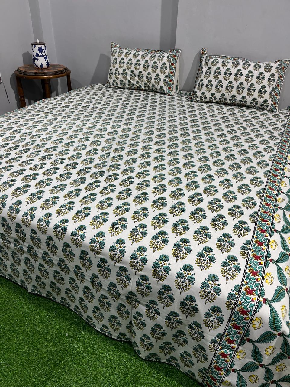 ArtbyKAMASK 100% Organic Cotton Hand Block Printed Double Bed Sheet - 210 TC Double Bed Sheet in Queen Size - Size - 90 X 108 Inches (228 x 274 cms) - 1 Bedsheet and 2 Pillow Covers - Jyoti Blue + 3 Variants