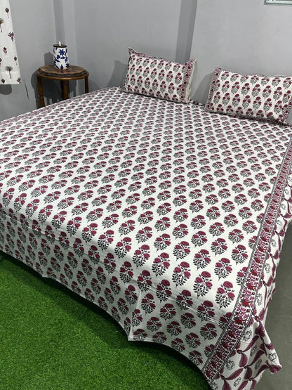 ArtbyKAMASK 100% Organic Cotton Hand Block Printed Double Bed Sheet - 210 TC Double Bed Sheet in Queen Size - Size - 90 X 108 Inches (228 x 274 cms) - 1 Bedsheet and 2 Pillow Covers - Jyoti Blue + 3 Variants