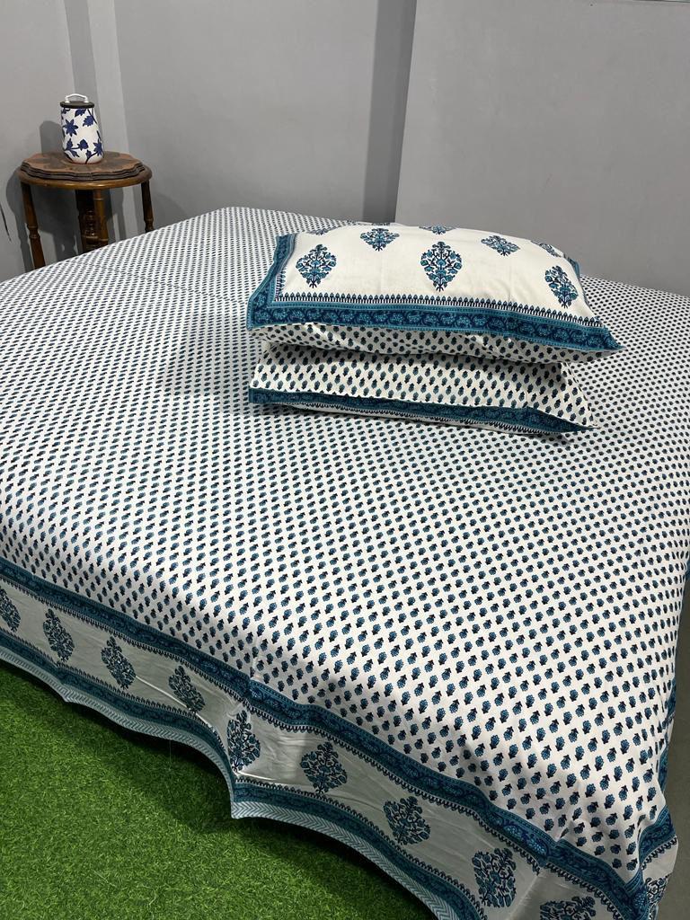 Organic cotton bed sheet , king size, hand-block printed design with traditional Bagru motifs, by ArtbyKAMASK.