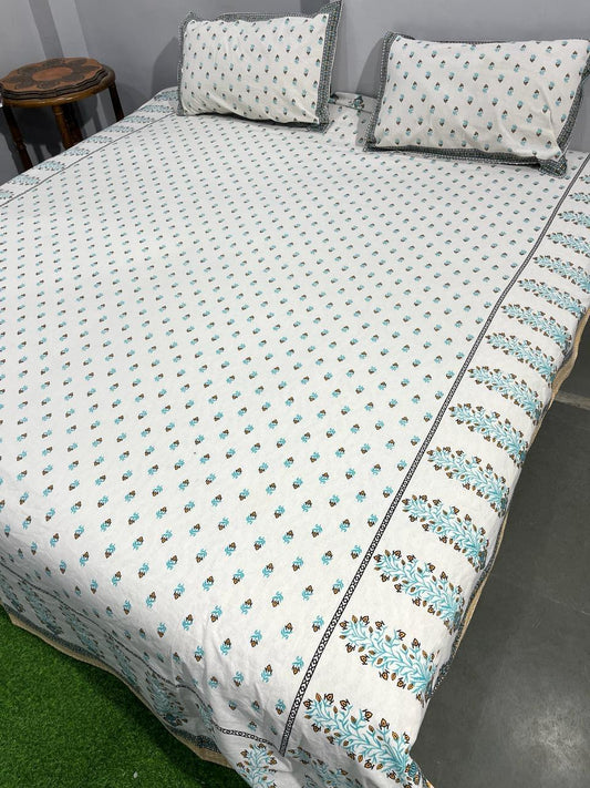 ArtbyKAMASK 100% Organic Cotton Hand Block Printed Double Bed Sheet - 210 TC Double Bed Sheet in Queen Size - Size - 90 X 108 Inches (228 x 274 cms) - 1 Bedsheet and 2 Pillow Covers - Kaavya Teal & Blue