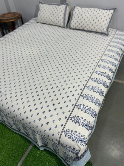 ArtbyKAMASK 100% Organic Cotton Hand Block Printed Double Bed Sheet - 210 TC Double Bed Sheet in Queen Size - Size - 90 X 108 Inches (228 x 274 cms) - 1 Bedsheet and 2 Pillow Covers - Kaavya Teal & Blue