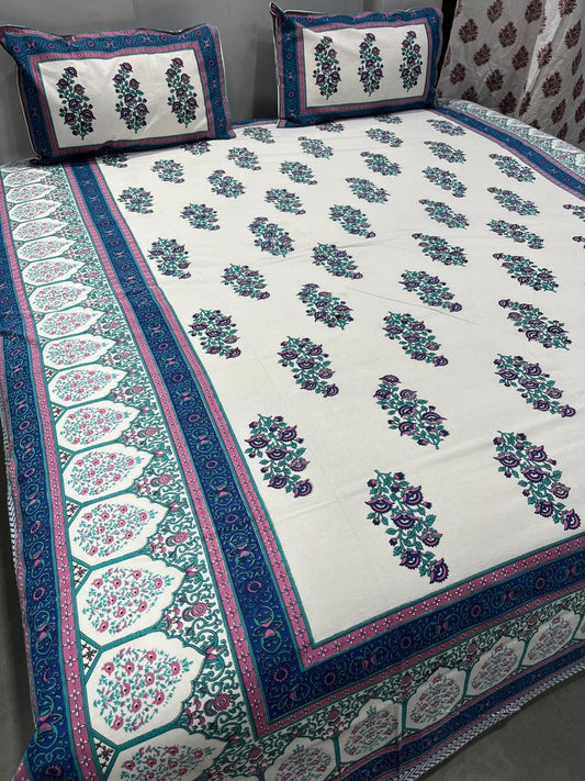 ArtbyKAMASK 100% Organic Cotton Hand Block Printed Double Bed Sheet - 210 TC Double Bed Sheet in Queen Size - Size - 90 X 108 Inches (228 x 274 cms) - 1 Bedsheet and 2 Pillow Covers - Kalki Blue & Maroon