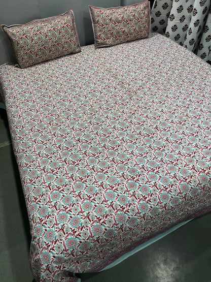 ArtbyKAMASK 100% Organic Cotton Hand Block Printed Double Bed Sheet I 210 TC Double Bed Sheet in King Size I Size - 108 X 108 Inches 274 x 274 cms) I 1 Bedsheet and 2 Pillow Covers I Kanika Purple + 2 Variants