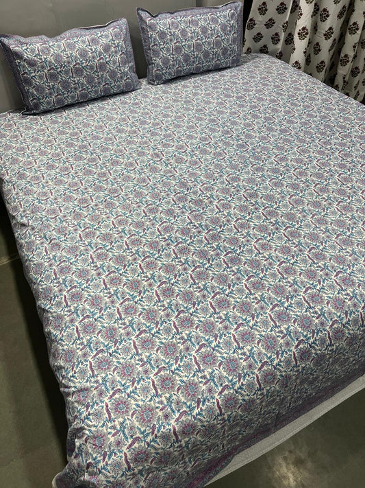 ArtbyKAMASK 100% Organic Cotton Hand Block Printed Double Bed Sheet I 210 TC Double Bed Sheet in King Size I Size - 108 X 108 Inches 274 x 274 cms) I 1 Bedsheet and 2 Pillow Covers I Kanika Purple + 2 Variants
