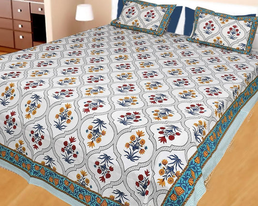 ArtbyKAMASK 100% Organic Cotton Hand Block Printed Double Bed Sheet - 210 TC Double Bed Sheet in Queen Size - Size - 90 X 108 Inches (228 x 274 cms) - 1 Bedsheet and 2 Pillow Covers - Leela Blue + 2 Variants