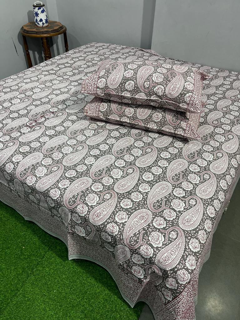 ArtbyKAMASK 100% Organic Cotton Hand Block Printed Double Bed Sheet I 210 TC Double Bed Sheet in King Size I Size - 108 X 108 Inches 274 x 274 cms) I 1 Bedsheet and 2 Pillow Covers I Kaveri Grey & Teal