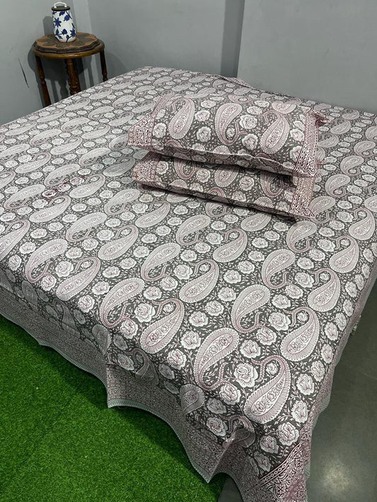 ArtbyKAMASK 100% Organic Cotton Hand Block Printed Double Bed Sheet I 210 TC Double Bed Sheet in King Size I Size - 108 X 108 Inches 274 x 274 cms) I 1 Bedsheet and 2 Pillow Covers I Kaveri Grey & Teal