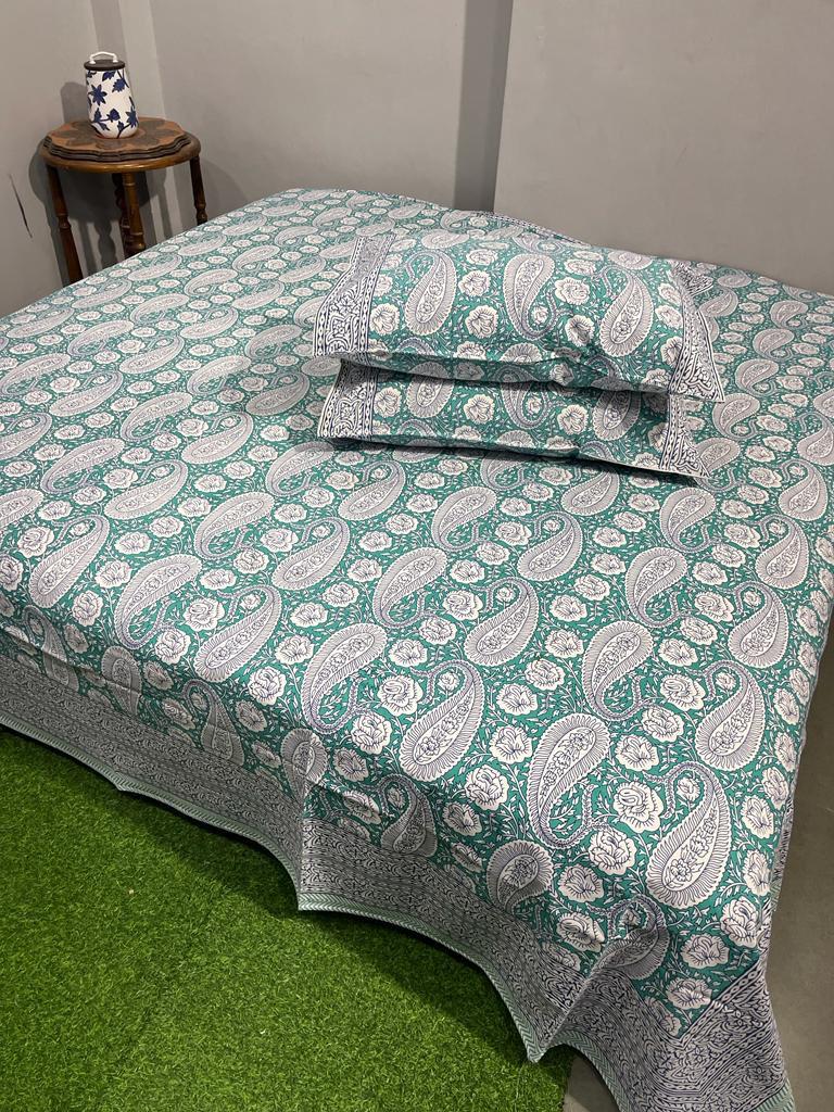 ArtbyKAMASK 100% Organic Cotton Hand Block Printed Double Bed Sheet I 210 TC Double Bed Sheet in King Size I Size - 108 X 108 Inches 274 x 274 cms) I 1 Bedsheet and 2 Pillow Covers I Kaveri Grey & Teal