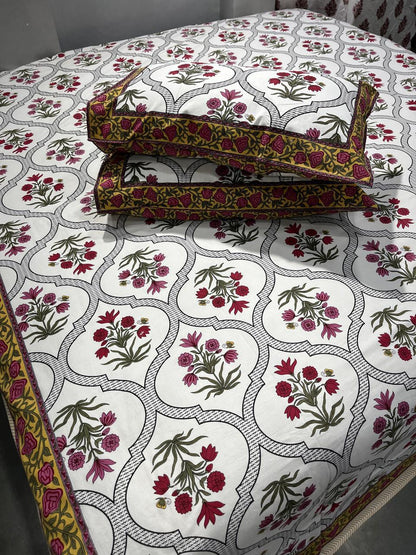 ArtbyKAMASK 100% Organic Cotton Hand Block Printed Double Bed Sheet - 210 TC Double Bed Sheet in Queen Size - Size - 90 X 108 Inches (228 x 274 cms) - 1 Bedsheet and 2 Pillow Covers - Leela Blue + 2 Variants