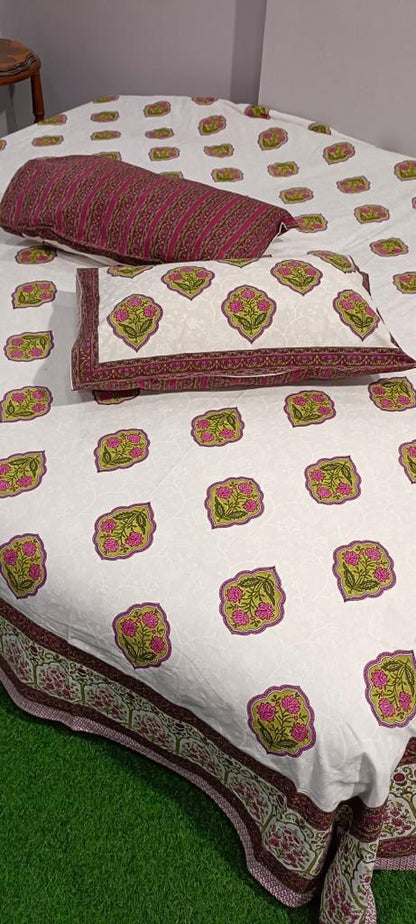 ArtbyKAMASK 100% Organic Cotton Hand Block Printed Double Bed Sheet I 210 TC Double Bed Sheet in King Size I Size - 108 X 108 Inches 274 x 274 cms) I 1 Bedsheet and 2 Pillow Covers I Kiran Green + 2 Variants