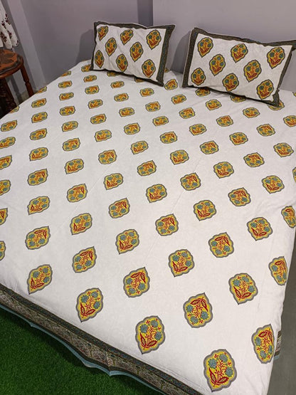 ArtbyKAMASK 100% Organic Cotton Hand Block Printed Double Bed Sheet I 210 TC Double Bed Sheet in King Size I Size - 108 X 108 Inches 274 x 274 cms) I 1 Bedsheet and 2 Pillow Covers I Kiran Green + 2 Variants