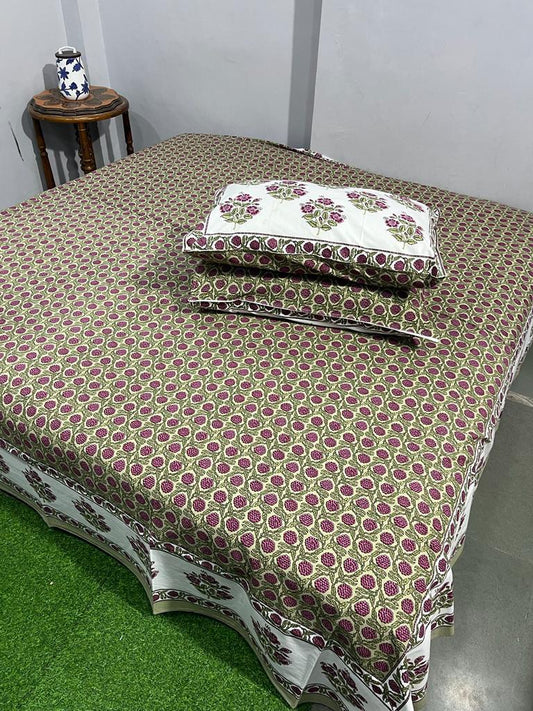 ArtbyKAMASK 100% Organic Cotton Hand Block Printed Double Bed Sheet - 210 TC Double Bed Sheet in King Size - Size - 108 X 108 Inches 274 x 274 cms) - 1 Bedsheet and 2 Pillow Covers - Kumari Yellow + 3 Variants
