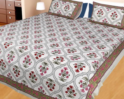 ArtbyKAMASK 100% Organic Cotton Hand Block Printed Double Bed Sheet - 210 TC Double Bed Sheet in Queen Size - Size - 90 X 108 Inches (228 x 274 cms) - 1 Bedsheet and 2 Pillow Covers - Leela Blue + 2 Variants