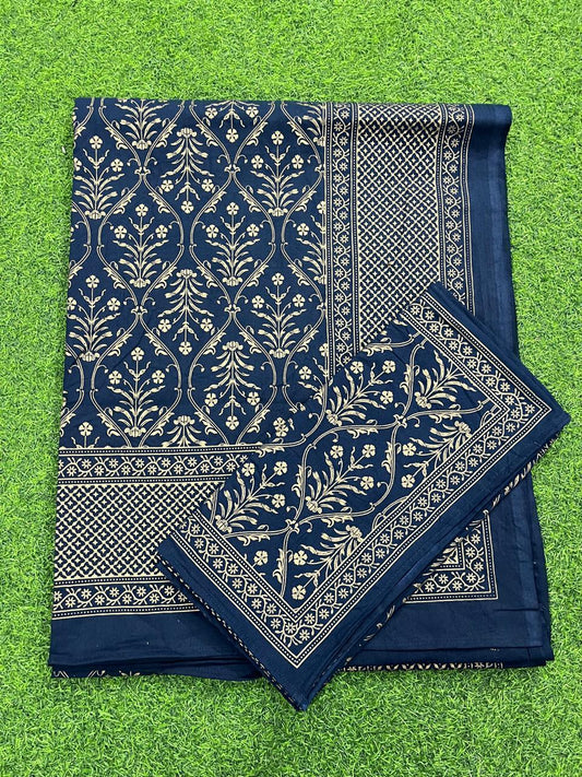 ArtbyKAMASK 100% Organic Cotton Hand Block Printed Double Bed Sheet - 210 TC Double Bed Sheet in Queen Size - Size - 90 X 108 Inches (228 x 274 cms) - 1 Bedsheet and 2 Pillow Covers - Lipika Navy Blue