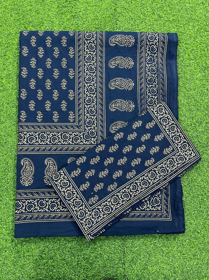 ArtbyKAMASK 100% Organic Cotton Hand Block Printed Double Bed Sheet - 210 TC Double Bed Sheet in Queen Size - Size - 90 X 108 Inches (228 x 274 cms) - 1 Bedsheet and 2 Pillow Covers - Lipika Navy Blue
