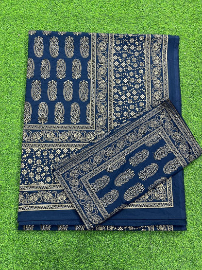 ArtbyKAMASK 100% Organic Cotton Hand Block Printed Double Bed Sheet - 210 TC Double Bed Sheet in Queen Size - Size - 90 X 108 Inches (228 x 274 cms) - 1 Bedsheet and 2 Pillow Covers - Lipika Navy Blue