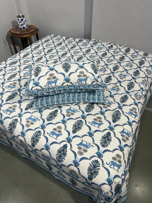 ArtbyKAMASK 100% Organic Cotton Hand Block Printed Double Bed Sheet - 210 TC Double Bed Sheet in King Size - Size - 108 X 108 Inches 274 x 274 cms) - 1 Bedsheet and 2 Pillow Covers - Madhavi Blue + 2 Variants