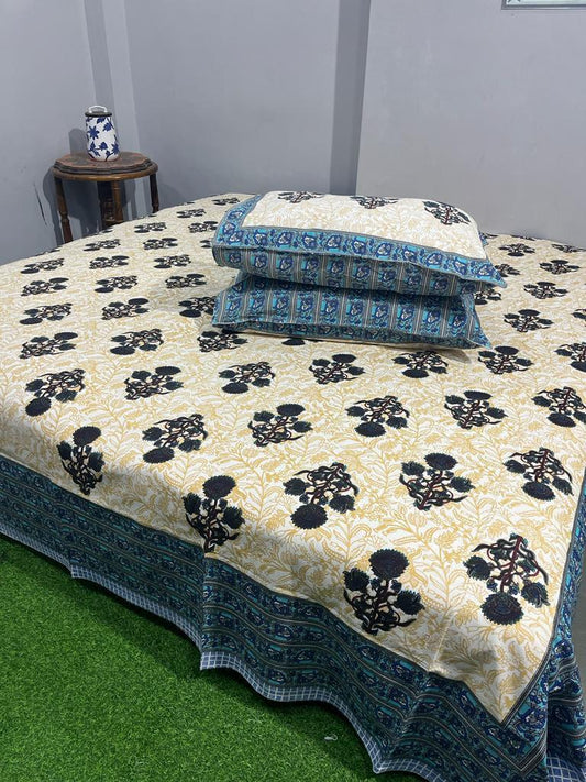 Organic cotton bed sheet , king size, hand-block printed design with traditional Bagru motifs, by ArtbyKAMASK.