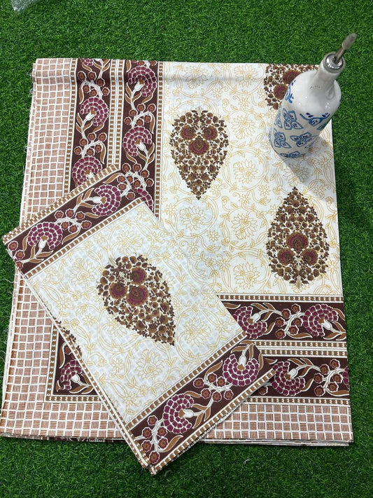 ArtbyKAMASK 100% Organic Cotton Hand Block Printed Double Bed Sheet - 210 TC Double Bed Sheet in Queen Size - Size - 90 X 108 Inches (228 x 274 cms) - 1 Bedsheet and 2 Pillow Covers - Mridula Brown + 2 Variants