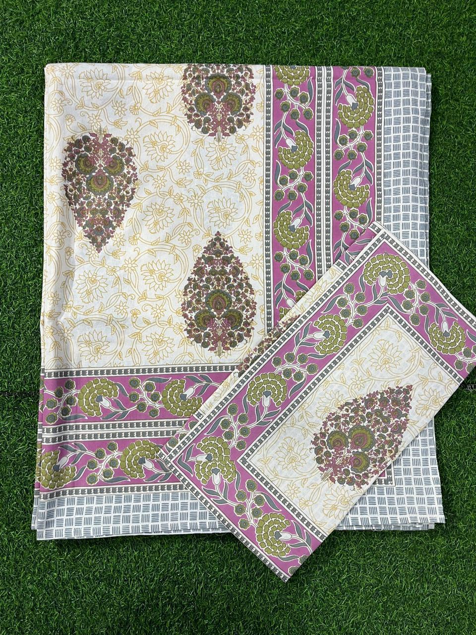 ArtbyKAMASK 100% Organic Cotton Hand Block Printed Double Bed Sheet - 210 TC Double Bed Sheet in Queen Size - Size - 90 X 108 Inches (228 x 274 cms) - 1 Bedsheet and 2 Pillow Covers - Mridula Brown + 2 Variants