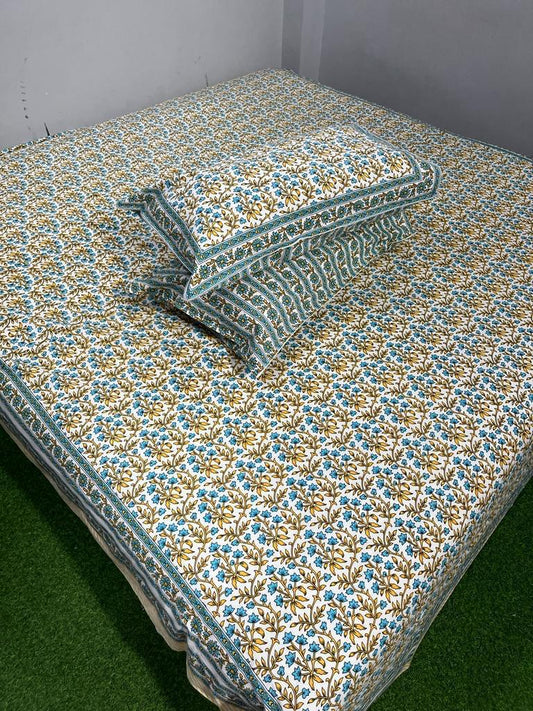 Hand-block printed organic cotton bed sheet, queen size, with traditional Bagru design by ArtbyKAMASK.