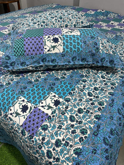 Hand-block printed organic cotton bed sheet, queen size, with traditional Bagru design by ArtbyKAMASK.