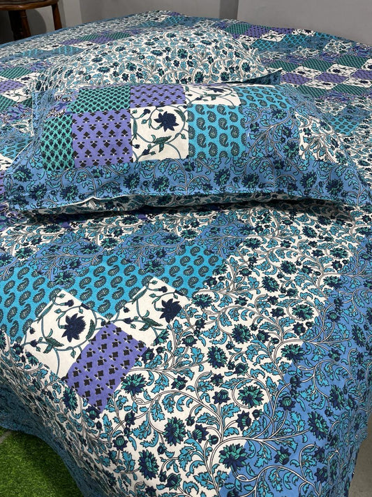 Hand-block printed organic cotton bed sheet, queen size, with traditional Bagru design by ArtbyKAMASK.