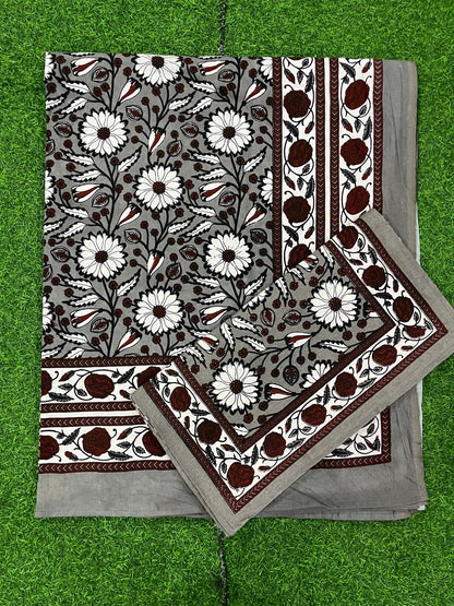 ArtbyKAMASK 100% Organic Cotton Hand Block Printed Double Bed Sheet - 210 TC Double Bed Sheet in Queen Size - Size - 90 X 108 Inches (228 x 274 cms) - 1 Bedsheet and 2 Pillow Covers - Omi Navy Blue & Grey