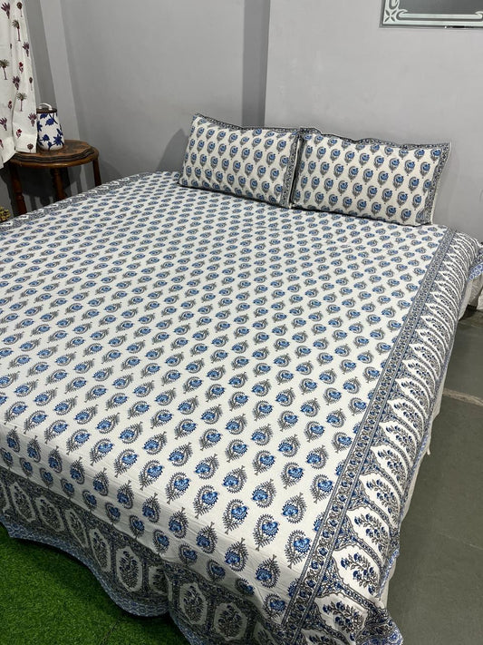 ArtbyKAMASK 100% Organic Cotton Hand Block Printed Double Bed Sheet - 210 TC Double Bed Sheet in Queen Size - Size - 90 X 108 Inches (228 x 274 cms) - 1 Bedsheet and 2 Pillow Covers - Pallavi Blue & Pink