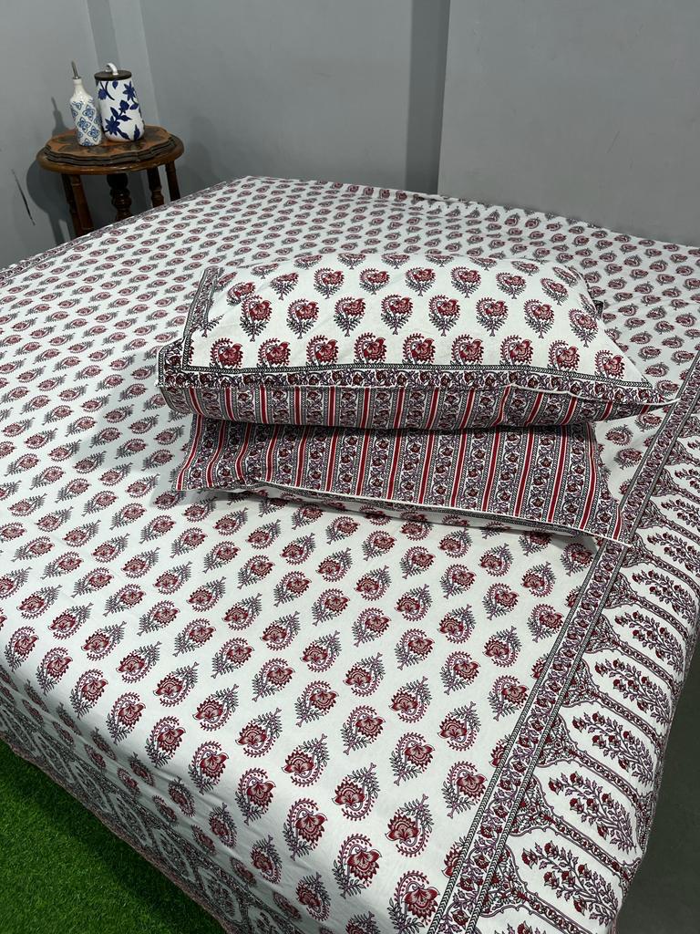 ArtbyKAMASK 100% Organic Cotton Hand Block Printed Double Bed Sheet - 210 TC Double Bed Sheet in Queen Size - Size - 90 X 108 Inches (228 x 274 cms) - 1 Bedsheet and 2 Pillow Covers - Pallavi Blue & Pink