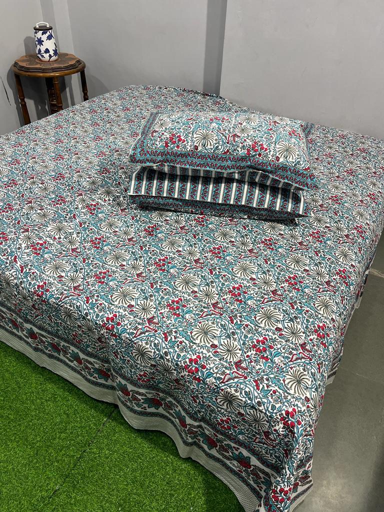 ArtbyKAMASK 100% Organic Cotton Hand Block Printed Double Bed Sheet - 210 TC Double Bed Sheet in King Size - Size - 108 X 108 Inches 274 x 274 cms) - 1 Bedsheet and 2 Pillow Covers - Prerna Blue & 2 Variants