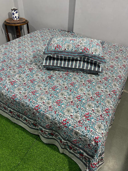 ArtbyKAMASK 100% Organic Cotton Hand Block Printed Double Bed Sheet - 210 TC Double Bed Sheet in King Size - Size - 108 X 108 Inches 274 x 274 cms) - 1 Bedsheet and 2 Pillow Covers - Prerna Blue & 2 Variants