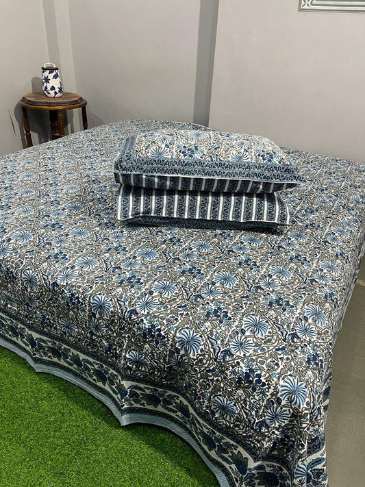 ArtbyKAMASK 100% Organic Cotton Hand Block Printed Double Bed Sheet - 210 TC Double Bed Sheet in King Size - Size - 108 X 108 Inches 274 x 274 cms) - 1 Bedsheet and 2 Pillow Covers - Prerna Blue & 2 Variants
