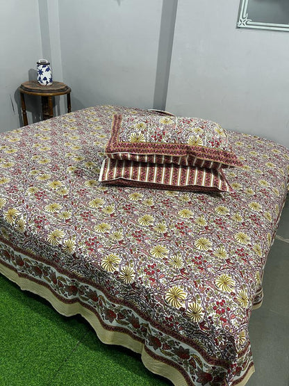 ArtbyKAMASK 100% Organic Cotton Hand Block Printed Double Bed Sheet - 210 TC Double Bed Sheet in King Size - Size - 108 X 108 Inches 274 x 274 cms) - 1 Bedsheet and 2 Pillow Covers - Prerna Blue & 2 Variants